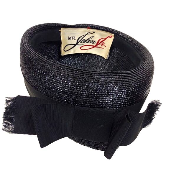 Mr John Jr Vintage Straw Pillbox Hat Black w Bow Union Made Fancy Church Formal main image 8
